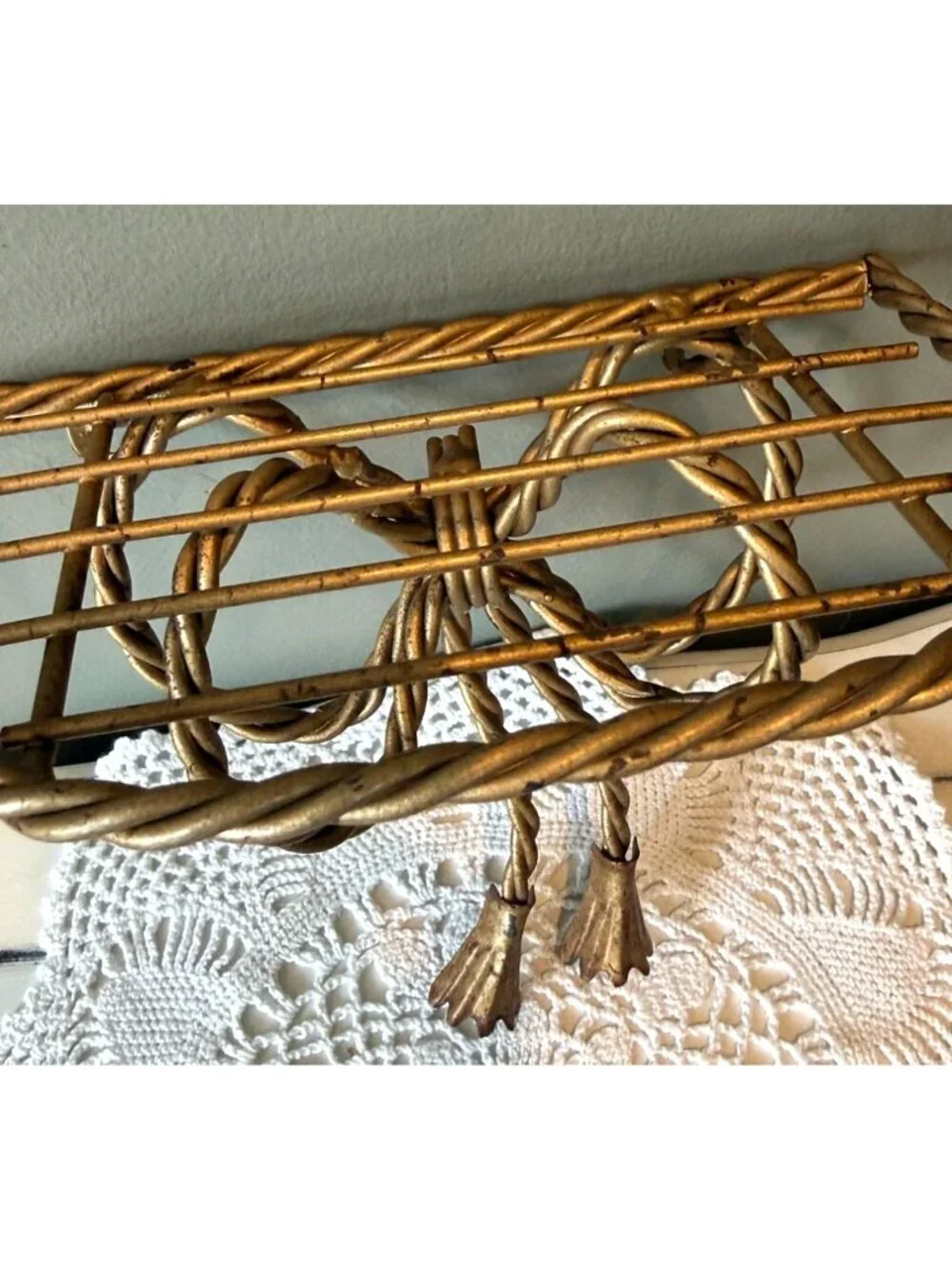 Vintage Gold Metal Bow Wall Shelf Twisted Rope Tassel Hollywood Regency